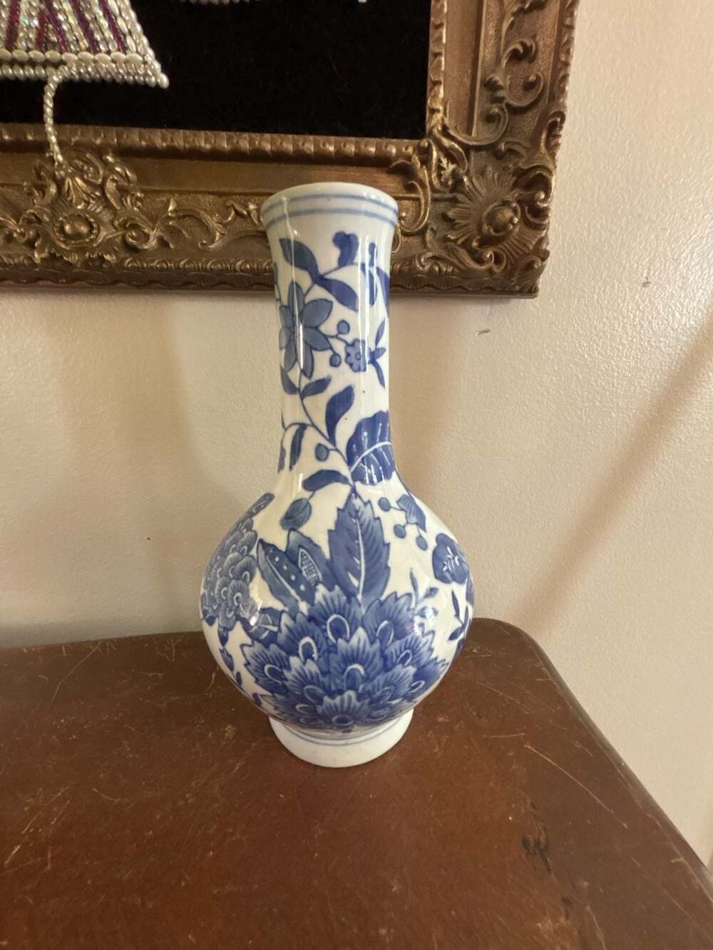 Vintage Blue and White Porcelain Chinoiserie Floral Wall Pocket Vase
